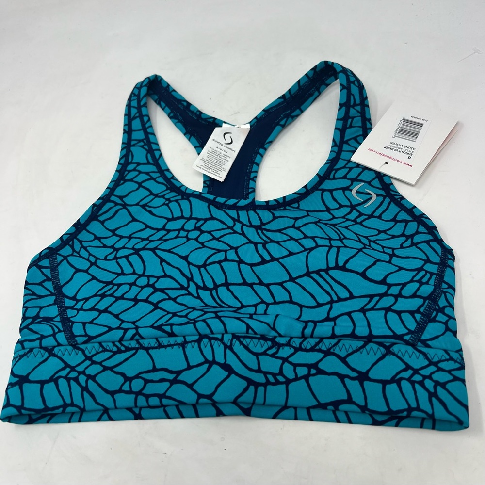 Moving Comfort Switch It Up Racer Bra Small Azure Woven Reversible NWT